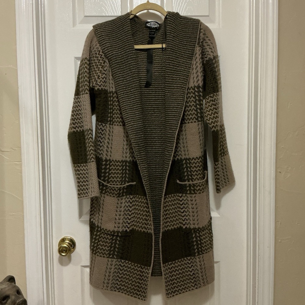 oliver o Cardigan Plaid Sweater Long With Hood NEW L Neutral Pockets